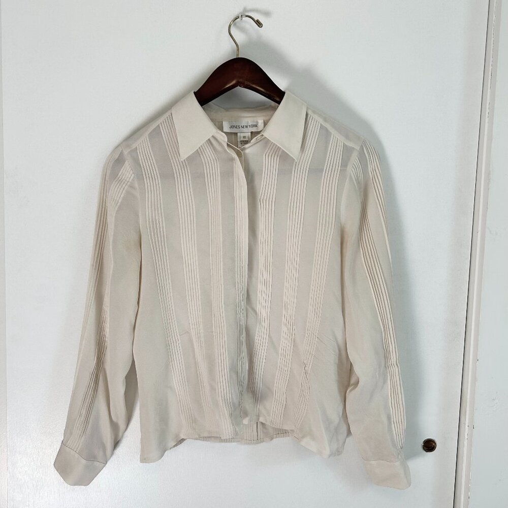 Vintage 100% Silk Jones New York Long Sleeve Semi-Sheer Cream Pleated Stripes 10